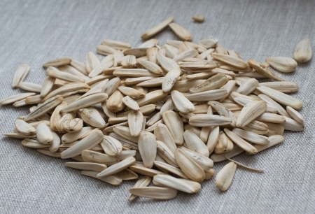 A batch of sunflower seeds on a grey clothの写真素材