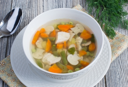 Chicken soup with vegetables and champignons の写真素材