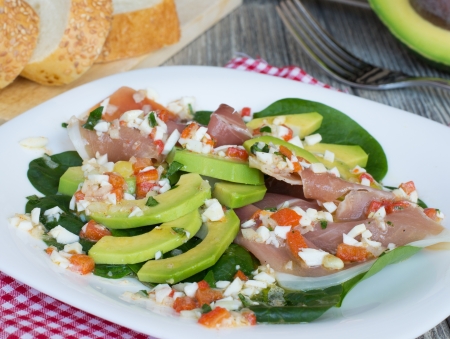 Tasty salad with avocado and jamon の写真素材