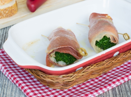 Tasty baled snack rolls from jamon and broccoliの写真素材