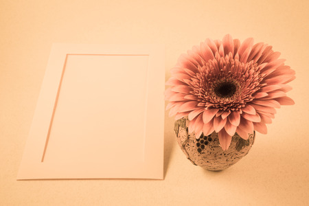card with gerbera flower in a small vase for congratulations with  light blank backgroundの写真素材
