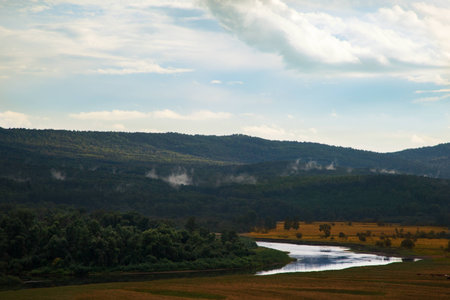 Russian travel on roads through the green fields and yellow meadowsの写真素材