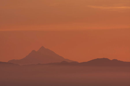Spring evening at sunset on the seaside with a view on the holy mount Athos. Greece. Chalkidikiの写真素材