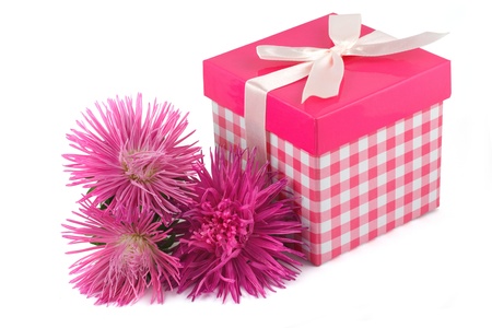 Festive gift box and flowersの写真素材