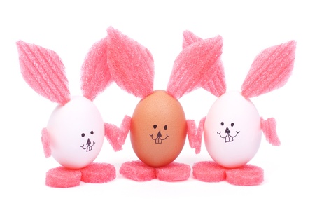 Three Easter bunny made   8203;  8203;of eggs isolated on whiteの写真素材