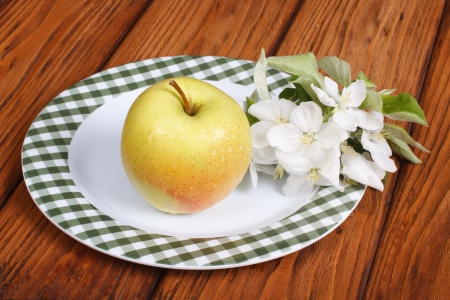 Whole green apple with flowers on a white plate on a tableの写真素材