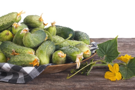 Fresh cucumbers in a bowl with flowers and leaves on the tableの写真素材