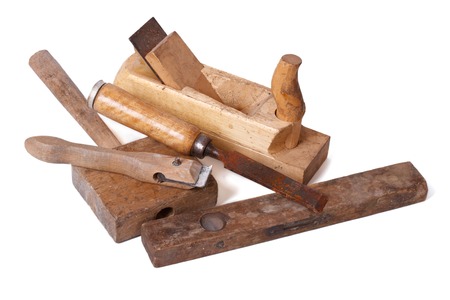 set of old wooden hand tools isolated on white backgroundの写真素材