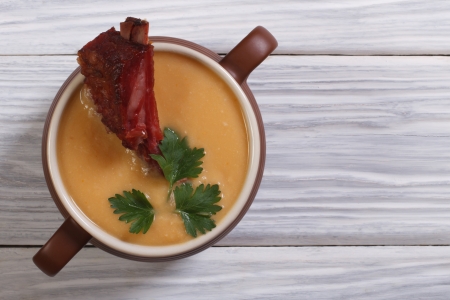 soup of yellow ripe peas with smoked meat  top viewの写真素材