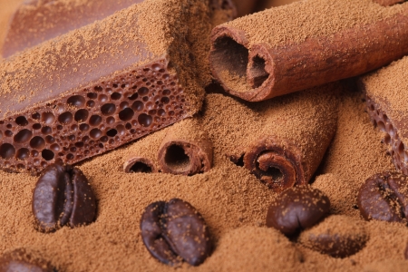 porous chocolate and ground coffee and beans, cinnamon closeup. macro texture
の写真素材