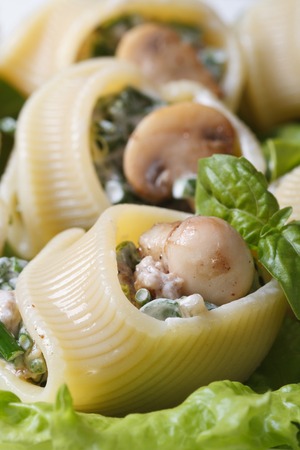 Lumakoni Italian pasta stuffed with mushrooms, cheese and spinach macro on a white plate. vertical 
の写真素材
