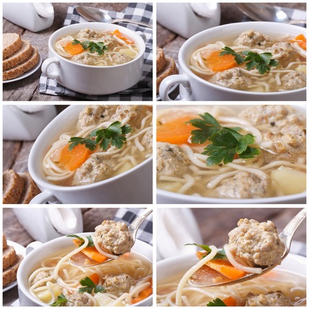 Set of photo soup with meatballs and noodles closeup
の写真素材