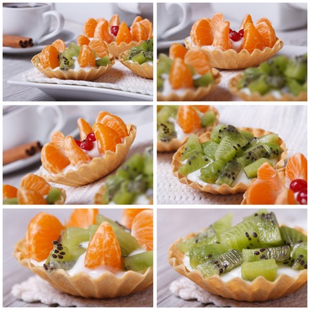 Set of photo fruit tartlets with kiwi and tangerine closeup 
の写真素材