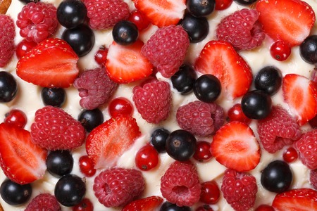 Background of strawberries, raspberries and currants with cream macro. horizontal
の写真素材