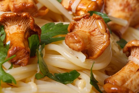 spaghetti with chanterelles mushrooms and parsley macro horizontalの写真素材