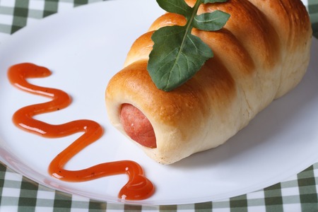 Roll with sausage on a plate with tomato sauce and arugula close-up horizontal view from above
の写真素材