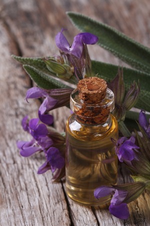 Sage oil in a glass bottle and flowers, leaves closeup on old wooden background vertical
の写真素材