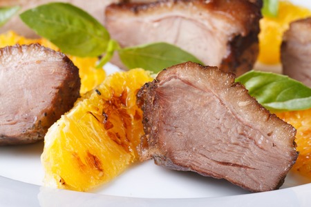 slices of roasted duck meat with orange and basil macro horizontal on a white plateの写真素材