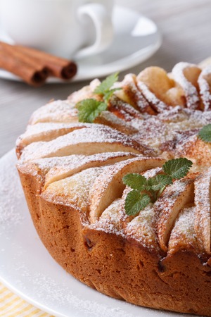 apple pie with mint on a white plate and coffee on the table. closeup vertical.の写真素材