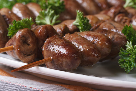 Grilled chicken hearts on skewers yakitori macro horizontalの写真素材