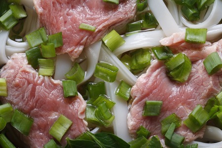 Vietnamese soup with beef, rice noodles and fresh herbs macro. Pho Bo. horizontalの写真素材