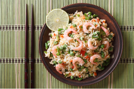 Japanese fried rice with seafood and vegetables on a plate close-up, horizontal view from aboveの写真素材