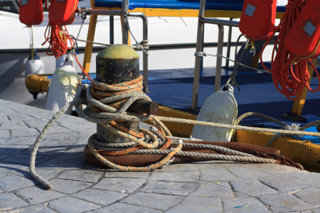 bollard with ropes close-up in the port. horizontalの写真素材
