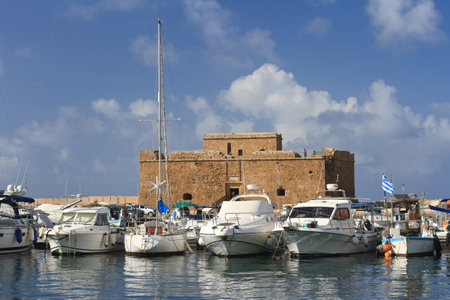 Ships in port on the background of the fortress of Paphos Cyprus. horizontalのeditorial素材