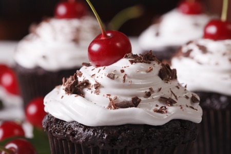 Gourmet chocolate cupcakes with cherry Black Forest macro. horizontalの写真素材
