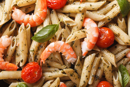 Food background: pasta with shrimp and pesto sauce on a plate macro. horizontal view from aboveの写真素材