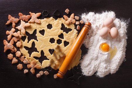 Cooking figure pastry on the table and ingredients. horizontal view from aboveの写真素材