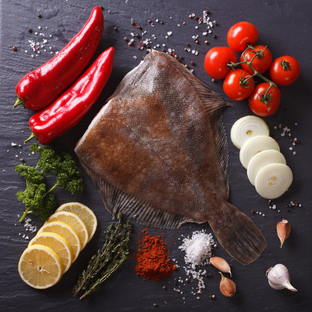 Fresh raw flatfish with ingredients on a slate board closeup. view from above