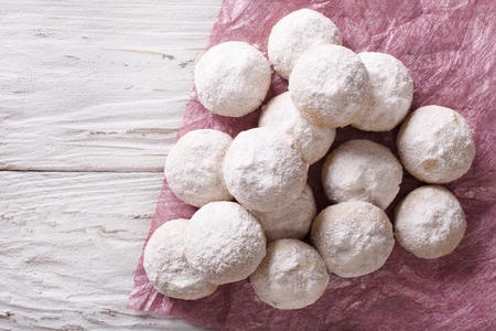 delicious shortbread polvoron closeup on a wooden table. horizontal top viewの写真素材