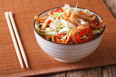 Asian food: Pig ears salad with fresh vegetables close-up in a bowl on the table. horizontalの写真素材