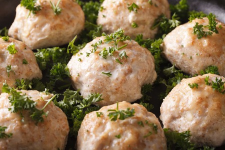 steamed chicken meatballs on a plate macro. horizontal backgroundの写真素材