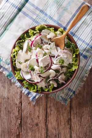 Fresh salad with chicken, onion, celery and cucumber in a bowl close-up. vertical view from aboveの写真素材