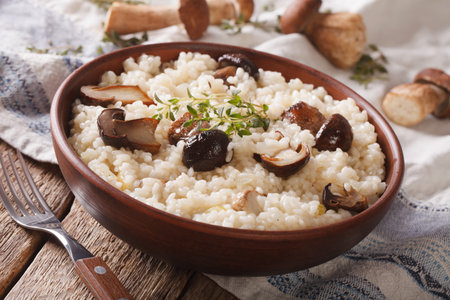 Italian rice with wild mushrooms close up in a bowl on the table. Horizontalの写真素材