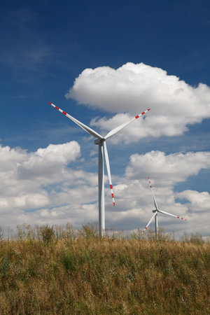 Wind turbines generating electricity in the field