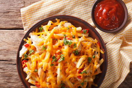 Spicy french fries with cheddar cheese, chili pepper and chicken meat macro on a plate. Horizontal...