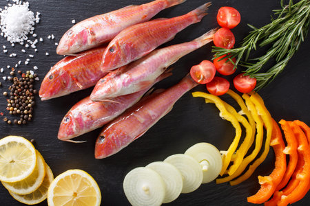 Raw fish red mullet with ingredients close-up on the table. horizontal view from aboveの写真素材