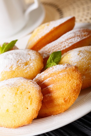 Freshly baked home Madeleine cookies with powdered sugar close-up on a plate. verticalの写真素材