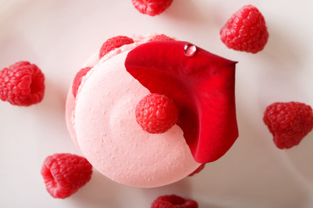 Delicious macaroon with fresh raspberries and rose petals close-up on a plate. horizontal view from...