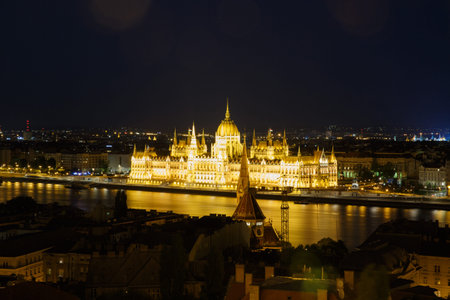 Night view from the hill to the Parliament building and Pest. Budapest. Hungaryの写真素材
