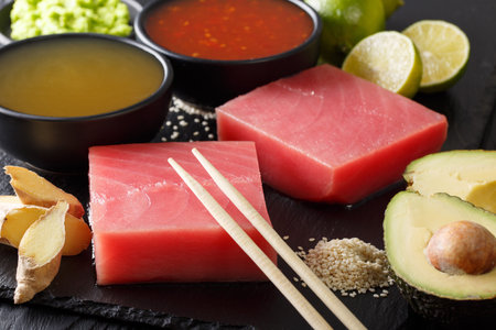 Raw tuna with Asian sauces, avocado, lime and sesame close-up on the table. horizontalの写真素材