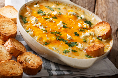 chicken buffalo dip with blue cheese and greens close-up in a baking dish on a table. horizontal
の写真素材