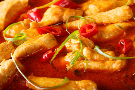Street Thai food: chicken panang curry macro. background horizontalの写真素材