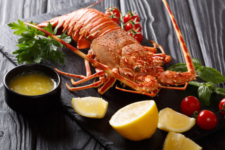 boiled Red or Spiny Rock lobster with vegetables and melted butter close-up on a black background. horizontalの写真素材