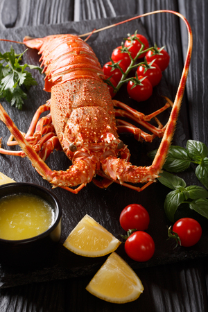 Expensive food: spiny boiled lobster with fresh tomato, lemon and melted butter close-up on black stone. verticalの写真素材
