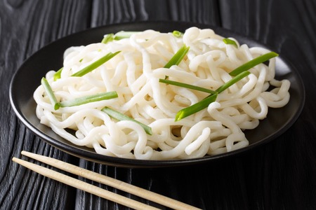 Serving udon noodles with green onions close-up on a plate on a black wooden table. horizontalの写真素材