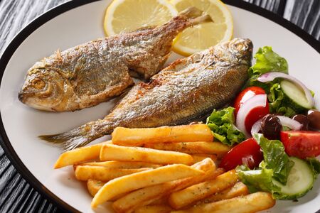 fried Salema porgy fish with lemon and side dish of fresh vegetable salad close-up on a plate on the table. horizontalの写真素材